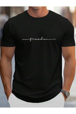 تی شرت مشکی مردانه رگولار یقه گرد پنبه (نخی) تکی طراحی کد 825608920