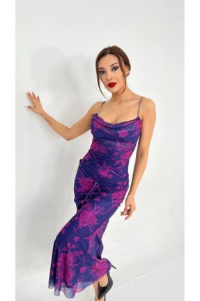 لباس بنفش زنانه بافتنی پلی استر طرح گلدار بند دار کد 812101871