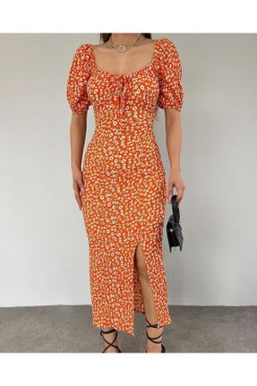 لباس نارنجی زنانه بافت مخلوط ویسکون طرح گلدار اسلیم فیت آستین-بلند کد 829617257