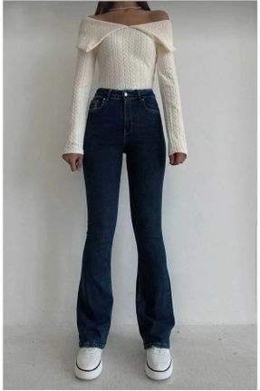 شلوار جین سرمه ای زنانه پاچه اسپانیولی فاق بلند جین ساده بلند کد 824882474