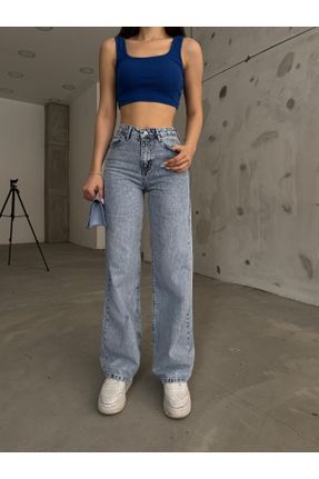 شلوار جین متالیک زنانه پاچه گشاد فاق بلند جین ساده کد 818910078