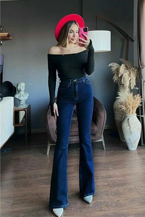 شلوار جین سرمه ای زنانه پاچه اسپانیولی فاق بلند جین بلند کد 824884714