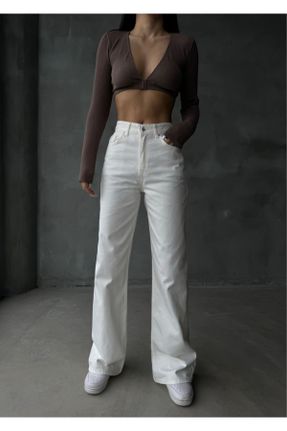 شلوار جین سفید زنانه پاچه گشاد فاق بلند جین ساده کد 818914552