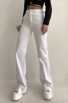 شلوار جین سفید زنانه پاچه اسپانیولی سوپر فاق بلند جین ساده کد 824886052