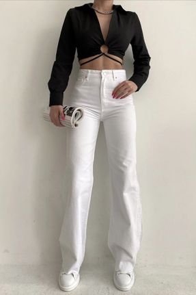 شلوار جین سفید زنانه پاچه اسپانیولی سوپر فاق بلند جین ساده کد 824886052