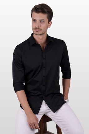 پیراهن مشکی مردانه کتان - ساتن یقه پیراهنی اسلیم فیت کد 156536366