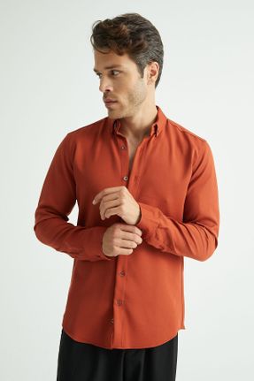 پیراهن نارنجی مردانه اسلیم یقه پیراهنی پلی استر کد 777207521