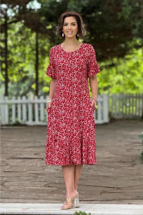 لباس قرمز زنانه بافتنی طرح گلدار راحت آستین-کوتاه کد 830143761
