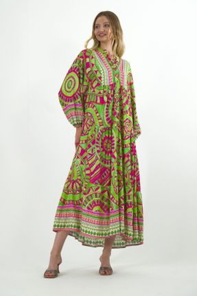 لباس سبز زنانه پنبه (نخی) اورسایز آستین-بلند بیسیک کد 804781242