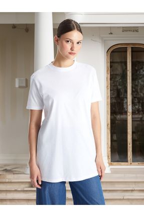 تی شرت سفید زنانه اورسایز یقه گرد کد 820514076