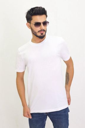 تی شرت سفید مردانه یقه گرد پنبه (نخی) اسلیم فیت تکی کد 803429362