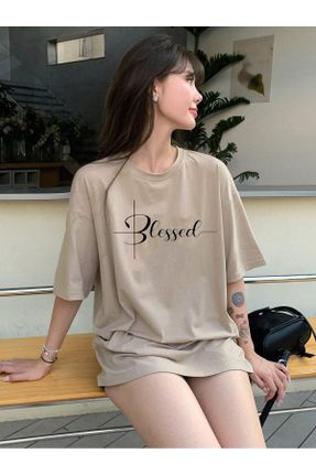 تی شرت بژ زنانه رگولار یقه گرد پنبه (نخی) تکی طراحی کد 836675712