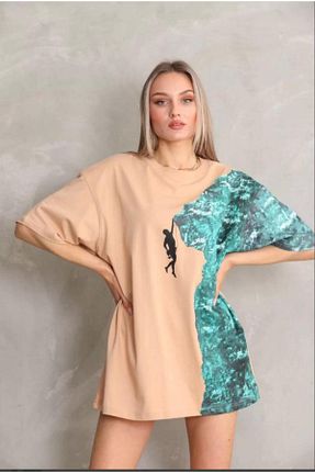 تیشرت بژ زنانه اورسایز Genel Markalar - کد 836865038