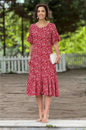 لباس قرمز زنانه بافتنی طرح گلدار راحت آستین-کوتاه کد 830143761