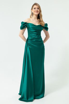 لباس مجلسی سبز زنانه پلی استر رگولار یقه قایقی آستر دار کد 323525118