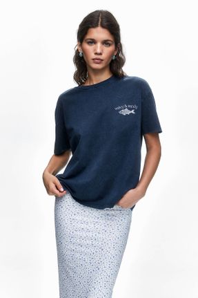 تی شرت آبی زنانه رگولار یقه گرد پنبه (نخی) کد 837028303