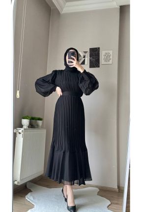 لباس مجلسی اسلامی مشکی زنانه یقه گرد شیفون آستین استاندارد رگولار کد 740042941