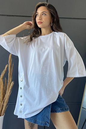 تیشرت سفید زنانه اورسایز GÜLSELİ - کد 822368998