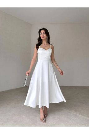 لباس مجلسی سفید زنانه ساتن آویزی اسلیم یقه هفت بدون آستر کد 833256801