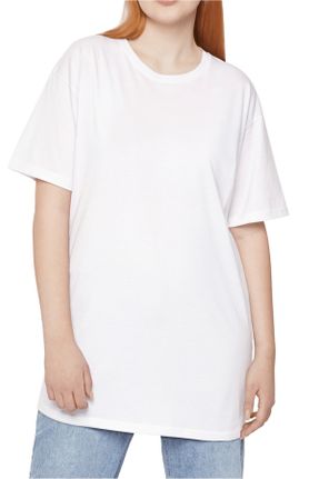 تی شرت سفید زنانه اورسایز یقه گرد تکی بیسیک کد 832333020