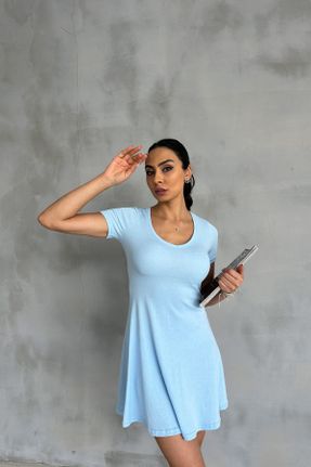 لباس آبی زنانه بافتنی پنبه - پلی استر - الاستن رگولار آستین-کوتاه بیسیک کد 837028369