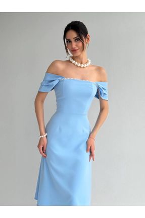 لباس آبی زنانه بافتنی پنبه - پلی استر آستین افتاده رگولار شانه باز کد 818929488