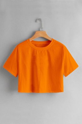 تی شرت نارنجی زنانه یقه گرد پنبه (نخی) اورسایز تکی کد 279247762
