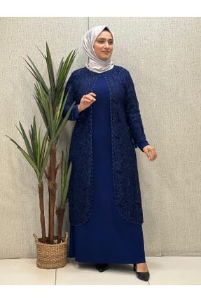 لباس مجلسی سرمه ای زنانه دانتل سایز بزرگ یقه گرد کد 709532951