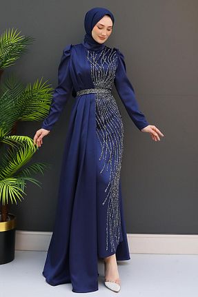 لباس مجلسی حجاب سرمه ای زنانه یقه ایستاده GİZ AGİYİM - کد 837113670