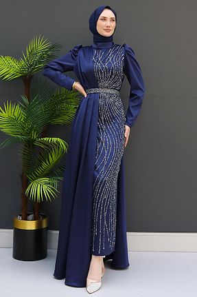 لباس مجلسی حجاب سرمه ای زنانه یقه ایستاده GİZ AGİYİM - کد 837113670