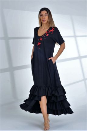 لباس مشکی زنانه بافتنی پنبه (نخی) راحت آستین-کوتاه بیسیک کد 259842801