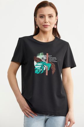 تی شرت مشکی زنانه رگولار یقه گرد مخلوط پلی استر تکی کد 830545634