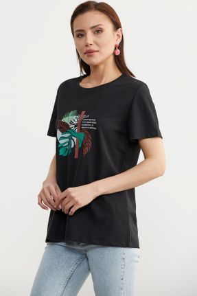 تی شرت مشکی زنانه رگولار یقه گرد مخلوط پلی استر تکی کد 830545634