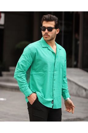 پیراهن سبز مردانه کتان یقه پیراهنی اورسایز کد 829750415