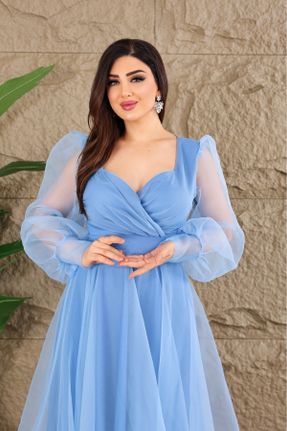 لباس مجلسی آبی زنانه تور اسلیم یقه هفت آستر دار کد 290225619