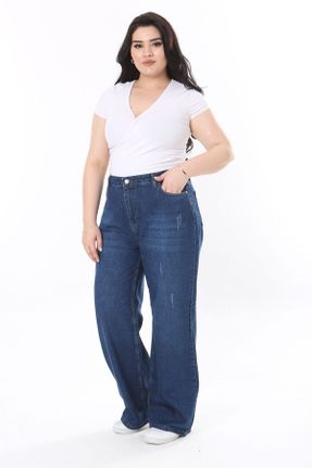 شلوار جین سایز بزرگ سرمه ای زنانه فاق بلند بلند کد 835284471