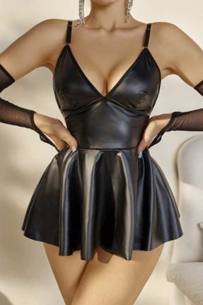 لباس مشکی زنانه چرم مصنوعی Fitted بند دار کد 837536218