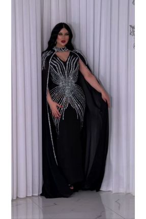 لباس مجلسی مشکی زنانه یقه هفت شیفون رگولار آویزی آستر دار کد 837390904