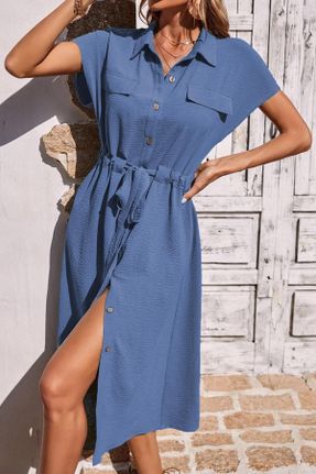 لباس آبی زنانه بافتنی بافت رگولار آستین-بلند بیسیک کد 700658182