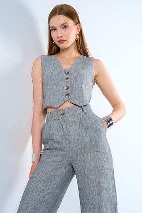 ست بالاتنه و پائین تنه طوسی زنانه کتان Kozi - کد 837279189
