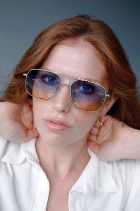 عینک آفتابی آبی زنانه 56 UV400 فلزی مستطیل کد 754121048