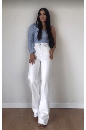 شلوار جین سفید زنانه پاچه راحت فاق بلند جین جوان بلند کد 674452392