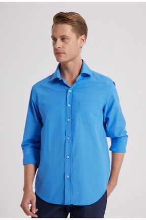 پیراهن آبی مردانه پنبه - پلی استر یقه پیراهنی اسلیم فیت کد 159169852