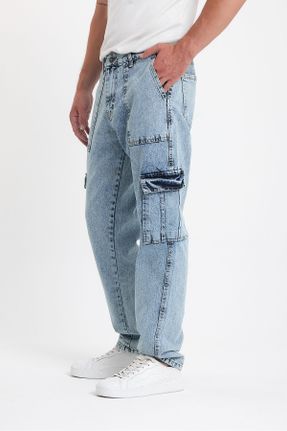 شلوار جین آبی مردانه پاچه ساده فاق بلند پنبه (نخی) کارگو یونیسکس کد 737937861