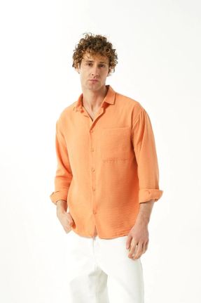 پیراهن نارنجی مردانه اورسایز یقه مردانه کتان کد 816771085