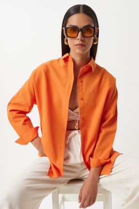 پیراهن نارنجی زنانه یقه پیراهنی پنبه - پلی استر اورسایز کد 832120093