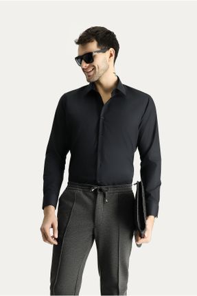 پیراهن مشکی مردانه یقه پیراهنی پنبه - پلی استر اسلیم کد 802499558