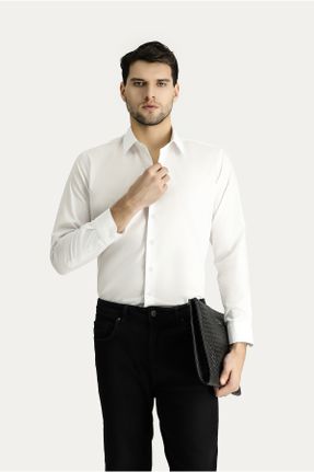 پیراهن سفید مردانه اسلیم یقه پیراهنی پنبه - پلی استر کد 802499527