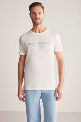 تی شرت سفید مردانه کتان یقه گرد رگولار کد 737815249