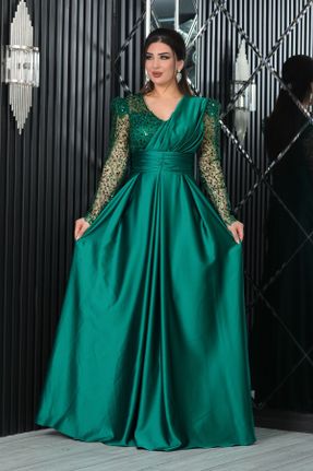 لباس مجلسی سبز زنانه ساتن اسلیم یقه هفت آستر دار کد 815128487